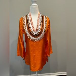 Beautiful! silk orange tunic with extensive beadwork! Statement piece. Siz…